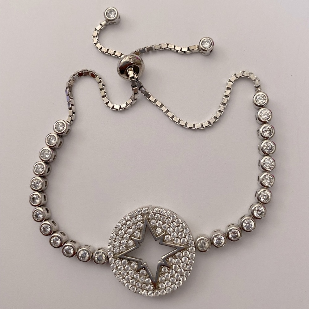 925 Silver slider bracelet compass star clear cubic zirconia cz stones